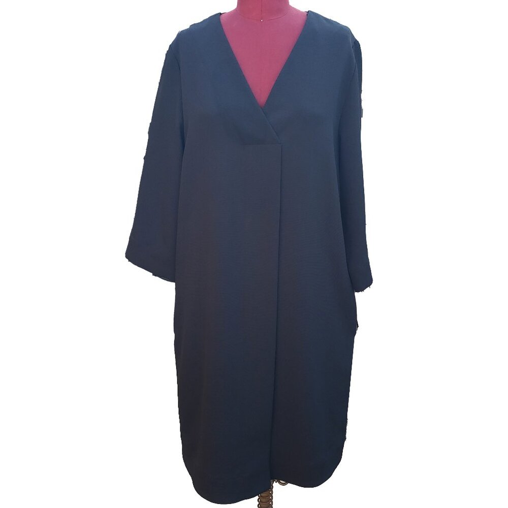 COS Dress Black Textured Woven V Neck 3/4 Sleeve Shift 10